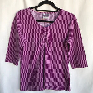 Curves raspberry, purple stripe round V-neck exercise top with front ruching